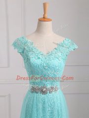 Custom Made Aqua Blue Cap Sleeves Beading and Appliques Floor Length Prom Party Dress