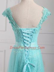 Custom Made Aqua Blue Cap Sleeves Beading and Appliques Floor Length Prom Party Dress