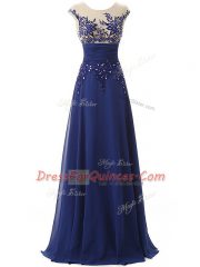 Amazing Sleeveless Chiffon Floor Length Zipper Prom Evening Gown in Blue with Lace and Appliques and Ruching