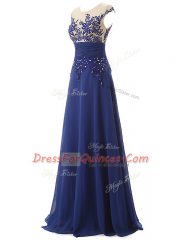 Amazing Sleeveless Chiffon Floor Length Zipper Prom Evening Gown in Blue with Lace and Appliques and Ruching