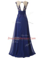 Amazing Sleeveless Chiffon Floor Length Zipper Prom Evening Gown in Blue with Lace and Appliques and Ruching