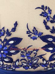 Amazing Sleeveless Chiffon Floor Length Zipper Prom Evening Gown in Blue with Lace and Appliques and Ruching