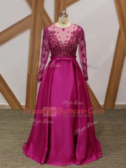 One Shoulder Long Sleeves Zipper Fuchsia Elastic Woven Satin