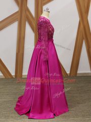One Shoulder Long Sleeves Zipper Fuchsia Elastic Woven Satin