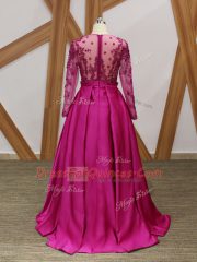 One Shoulder Long Sleeves Zipper Fuchsia Elastic Woven Satin