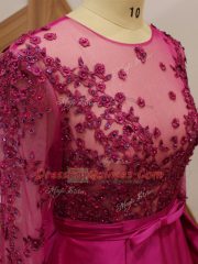 One Shoulder Long Sleeves Zipper Fuchsia Elastic Woven Satin