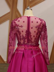 One Shoulder Long Sleeves Zipper Fuchsia Elastic Woven Satin