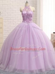 Beautiful Lilac Lace Up Sweet 16 Dresses Beading Sleeveless Brush Train
