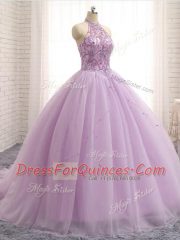 Beautiful Lilac Lace Up Sweet 16 Dresses Beading Sleeveless Brush Train