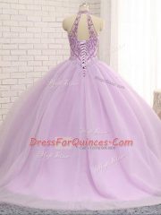 Beautiful Lilac Lace Up Sweet 16 Dresses Beading Sleeveless Brush Train