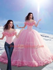 Super Ball Gowns Sleeveless Baby Pink Quinceanera Dress Brush Train Lace Up