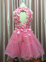 Designer Hand Made Flower Prom Party Dress Pink Backless Sleeveless Mini Length