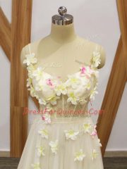 Straps Sleeveless Tulle Prom Dress Hand Made Flower Lace Up