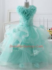 Custom Design Ruffles and Hand Made Flower Little Girl Pageant Gowns Apple Green Zipper Sleeveless Floor Length