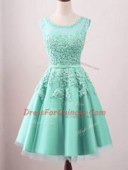 Popular Turquoise Tulle Lace Up Scoop Sleeveless Knee Length Damas Dress Lace