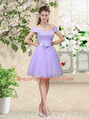 High Class Lace and Belt Dama Dress for Quinceanera Lilac Lace Up Cap Sleeves Knee Length