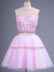 Custom Made Two Pieces Vestidos de Damas Lilac Scoop Tulle Sleeveless Knee Length Lace Up