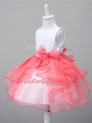 White And Red Flower Girl Dresses Wedding Party with Ruffles and Bowknot Scoop Sleeveless Zipper