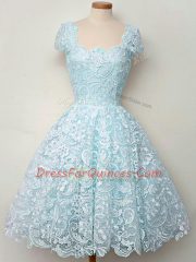 A-line Quinceanera Dama Dress Aqua Blue Straps Lace Cap Sleeves Knee Length Lace Up