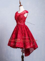 Ideal Red Scoop Lace Up Lace and Appliques and Belt Prom Dress Short Sleeves