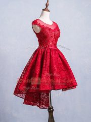 Ideal Red Scoop Lace Up Lace and Appliques and Belt Prom Dress Short Sleeves