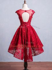 Ideal Red Scoop Lace Up Lace and Appliques and Belt Prom Dress Short Sleeves