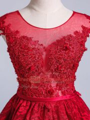 Ideal Red Scoop Lace Up Lace and Appliques and Belt Prom Dress Short Sleeves