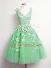 Elegant Green A-line V-neck Sleeveless Tulle Knee Length Lace Up Appliques Dama Dress