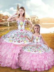 Modern Sleeveless Lace Up Floor Length Embroidery and Ruffled Layers Quinceanera Gown