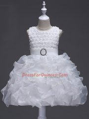 White Organza Lace Up Scoop Sleeveless Knee Length Toddler Flower Girl Dress Ruffles and Belt