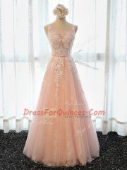 Shining Peach A-line Appliques Prom Dresses Lace Up Tulle Sleeveless Floor Length