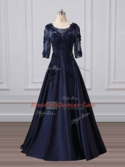 Stunning Scoop 3 4 Length Sleeve Satin Dress for Prom Lace and Appliques Brush Train Zipper