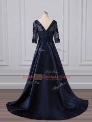 Stunning Scoop 3 4 Length Sleeve Satin Dress for Prom Lace and Appliques Brush Train Zipper
