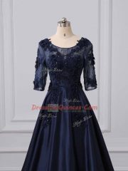 Stunning Scoop 3 4 Length Sleeve Satin Dress for Prom Lace and Appliques Brush Train Zipper