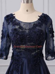 Stunning Scoop 3 4 Length Sleeve Satin Dress for Prom Lace and Appliques Brush Train Zipper