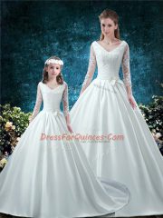 White Ball Gowns V-neck 3 4 Length Sleeve Satin Chapel Train Lace Up Lace and Belt Sweet 16 Dress