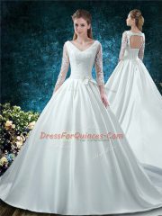 White Ball Gowns V-neck 3 4 Length Sleeve Satin Chapel Train Lace Up Lace and Belt Sweet 16 Dress