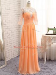 Colorful Bateau Long Sleeves Chiffon Prom Dresses Lace and Appliques and Ruching Zipper