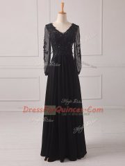 Black Zipper Prom Dresses Lace and Appliques Long Sleeves Floor Length