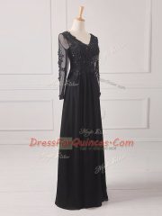 Black Zipper Prom Dresses Lace and Appliques Long Sleeves Floor Length