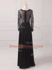Black Zipper Prom Dresses Lace and Appliques Long Sleeves Floor Length