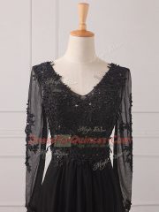 Black Zipper Prom Dresses Lace and Appliques Long Sleeves Floor Length
