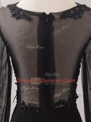 Black Zipper Prom Dresses Lace and Appliques Long Sleeves Floor Length