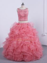 Romantic Watermelon Red Ball Gown Prom Dress Military Ball and Sweet 16 and Quinceanera with Beading and Ruffles Scoop Sleeveless Zipper