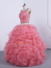 Romantic Watermelon Red Ball Gown Prom Dress Military Ball and Sweet 16 and Quinceanera with Beading and Ruffles Scoop Sleeveless Zipper