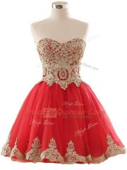 High End Red A-line Tulle Sweetheart Sleeveless Appliques Mini Length Lace Up Prom Evening Gown