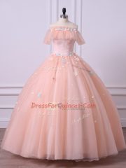 Peach Lace Up Off The Shoulder Lace and Appliques 15th Birthday Dress Tulle Short Sleeves