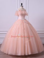 Peach Lace Up Off The Shoulder Lace and Appliques 15th Birthday Dress Tulle Short Sleeves