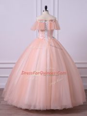Peach Lace Up Off The Shoulder Lace and Appliques 15th Birthday Dress Tulle Short Sleeves