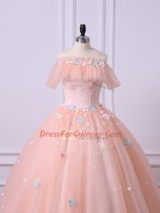 Peach Lace Up Off The Shoulder Lace and Appliques 15th Birthday Dress Tulle Short Sleeves